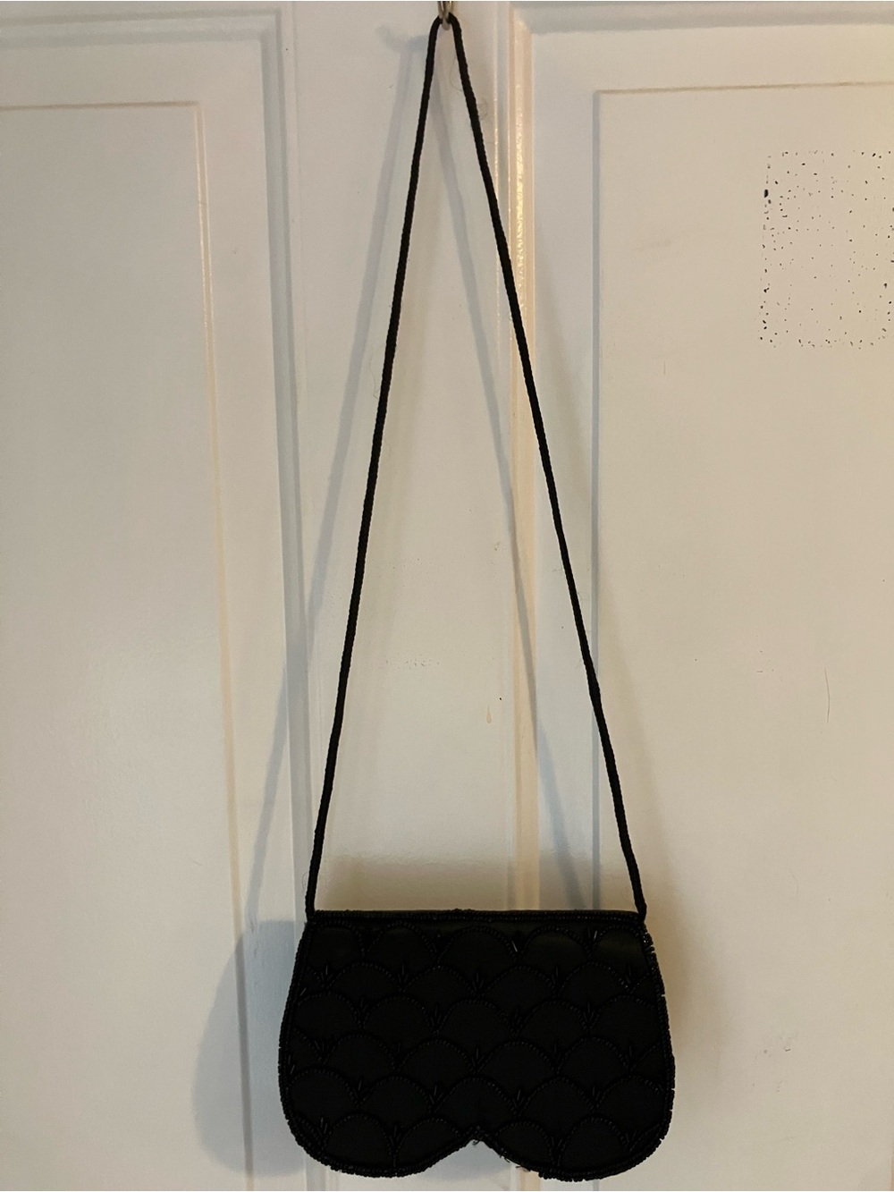 Black Bead-Ebroidered Scallop-Edge Crossbody Bag